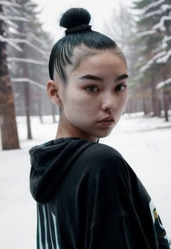 Prompt: Paint a picture of a mixed Korean-American 19-year-old tomboy girl with a toned body and a striking diamond-shaped face, sharp eyebrows and a mesorrhine nose. She has short black hair in a bun on the top half of her head with a shaved undercut beneath. She has central heterochromia and her eyes are amber coloured around the pupil and turn ocean blue at the edges. She a vanilla skin tone that highlights her striking beauty in a fierce way. She's wearing a street style baggy dark red sweatshirt with a white t-shirt underneath that exudes confidence and aloofness. She is surrounded by trees covered in snow. 