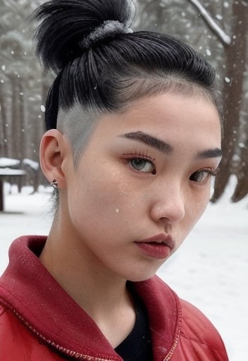 Prompt: Paint a picture of a mixed Korean-American 19-year-old tomboy girl with a toned body and a striking diamond-shaped face, sharp eyebrows and a mesorrhine nose. She has short black hair in a loose bun on the top half of her head with a undercut beneath. She has central heterochromia and her eyes are amber coloured around the pupil and turn ocean blue at the edges. She a vanilla skin tone that highlights her striking beauty in a fierce way. She's wearing a street style clothes in the colours red and black and exudes confidence and aloofness. She is surrounded by snow covered trees and snowflakes can are falling 