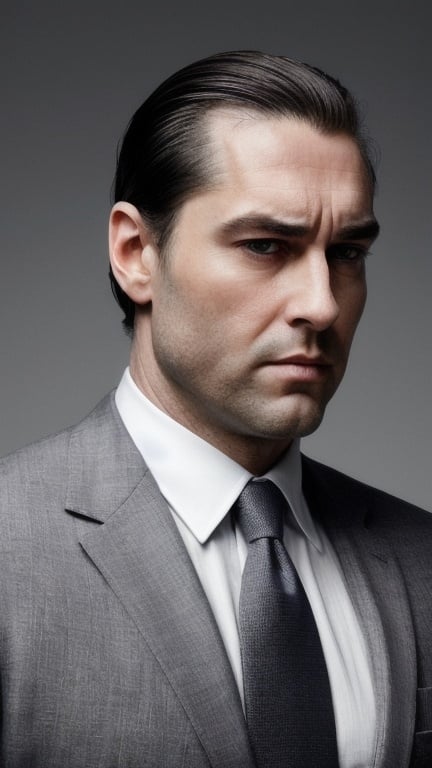 Prompt: A realistic picture of a 39-year-old American man. He wears a white dress shirt underneath a light grey tweed suit that complements his trapezoid physique. His oblong-shaped face, slightly bushy eyebrows, roman nose and thin lips are framed by his thick slicked back dark chocolate hair. His deep steel blue eyes speak of his confident demeanour. The pebble hue of his skin radiates dominance. He stands against a turbulent grey sky which highlights his power.