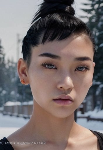 Prompt: Paint a picture of a mixed Korean-American 19-year-old tomboy girl with a toned body and a striking diamond-shaped face, sharp eyebrows and a mesorrhine nose. She has short black hair in a loose bun on the top half of her head with a undercut beneath. Her eyes are amber coloured around the pupil and turn ocean blue at the edges. She a vanilla skin tone that highlights her striking beauty in a fierce way. She's wearing a street style clothes in the colours red and black and exudes confidence and aloofness. She is surrounded by snow covered trees and snowflakes can are falling 