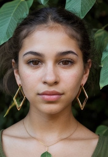 Prompt: Paint a portrait of an earthy 17-year-old half hispanic girl with a small frame. She has a green crop top with an open green shirt on top of it, and brown cargo pants which perfectly complements her triangle silhouette. Her soft round-shaped face, defined eyebrows, small upturned nose and plump lips are framed by her cinnamon brown wolf-cut hair. Her medium sized light hazel eyes add to her feisty charm. The honey beige hue of her skin contrasts beautifully with the leaf earrings adorning her ears, and the simple leaf necklace that graces her neckline. As she stands in a green house, a leaf bracelet on her right wrist catches the sunlight. She embodies a sense of timeless renewal and fruitfulness, making her a captivating subject.