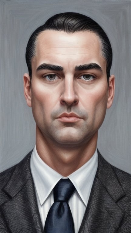 Prompt: Paint a portrait a realistic 40-year-old American man. He wears a white dress shirt underneath a light grey tweed suit that complements his rectangle physique. His oblong-shaped face, slightly bushy eyebrows, roman nose and thin lips are framed by his slicked back dark chocolate hair. His deep steel blue eyes speak of his domineering demeanour. The pebble hue of his skin radiates confidence. He stands against a turbulent grey sky which highlights his cunningness. 