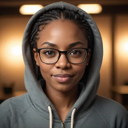 Prompt: A black beautiful woman in her 28 years wearing eye glasses and a hoodie looking directly into the camera with dimples 