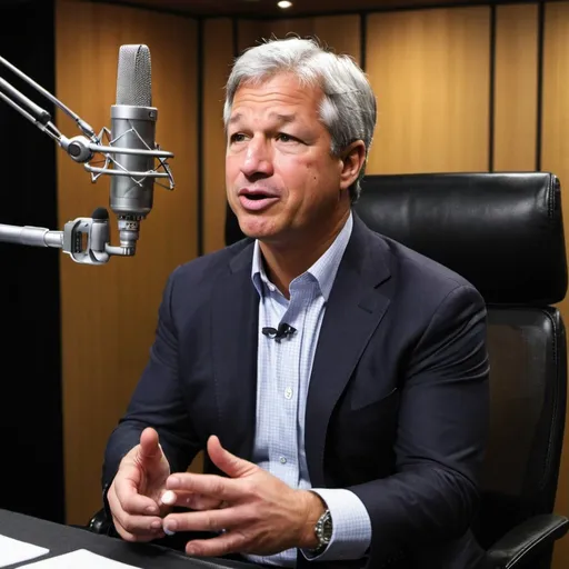 Prompt: JPMorgan's Jamie Dimon in front of a microphone in a recording studio
