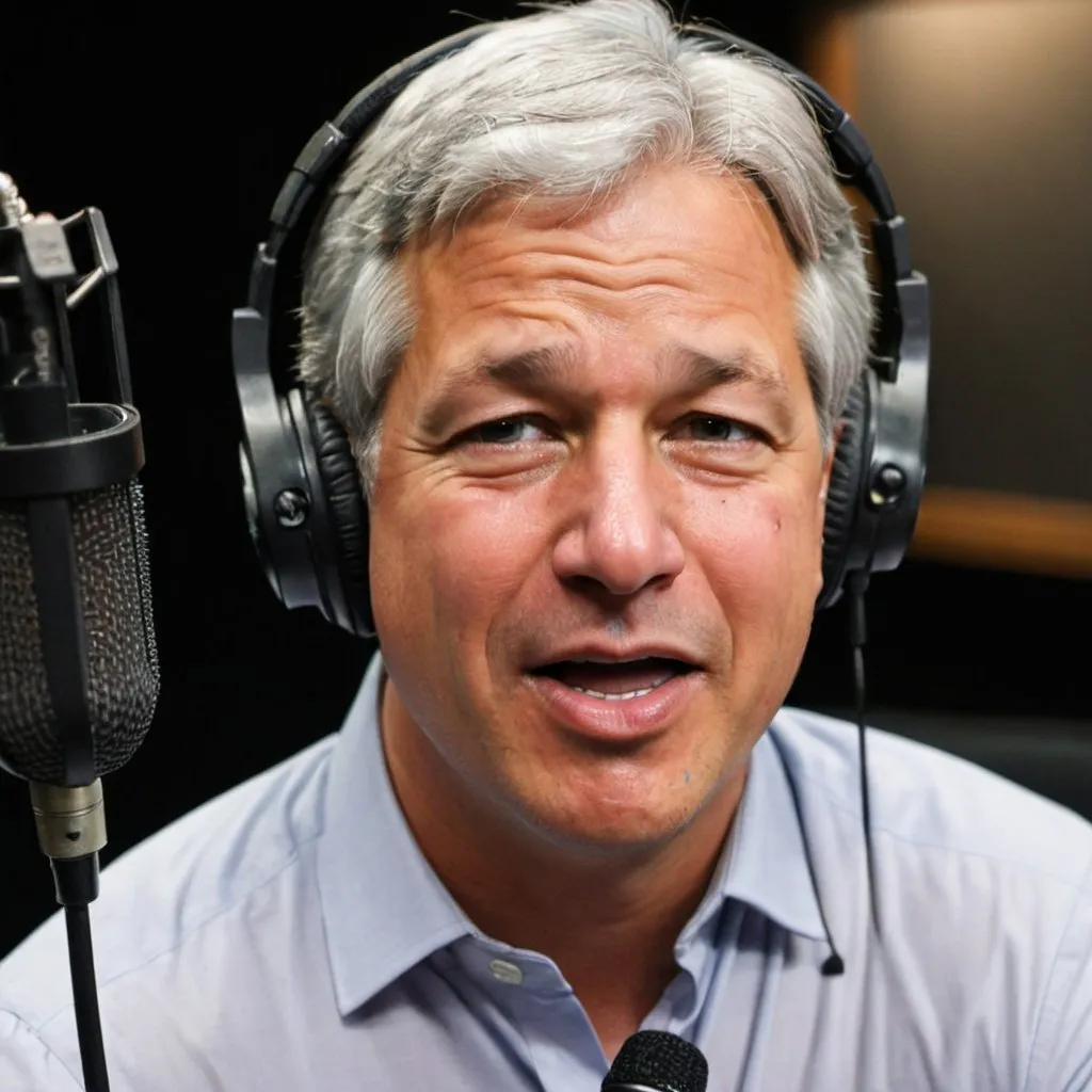 Prompt: JPMorgan's Jamie Dimon in front of a microphone in a recording studio with headphones on looking like he's singing

