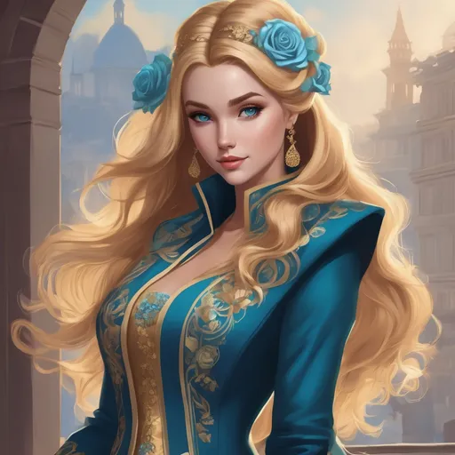 Prompt: A beautiful woman, honey blonde hair with blonde highlights, blue eyes, pastel blue  and teal roses in her hair, blue tail coat with gold accents, cartoon style, full body portrait 