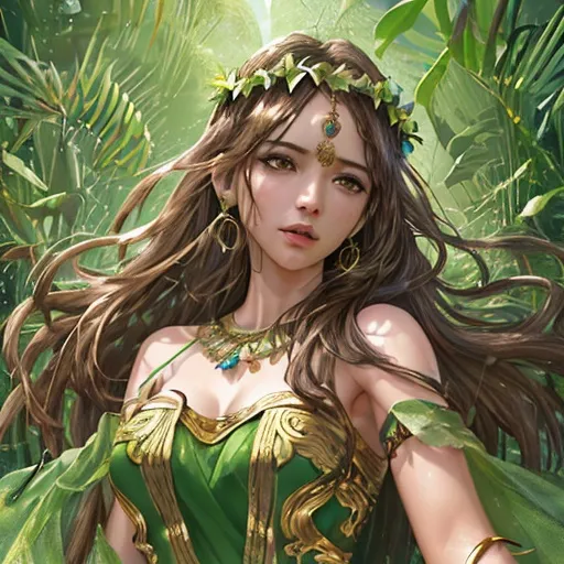 Prompt: High-resolution hyper realistic painting of {a greek godess of plants and earth } , uhd, hdr, 64k, epic scene, flower crown, upper body, sharp edges, green flowing dress, brown hair with light green highlights, brown eyes, gold jewelry 