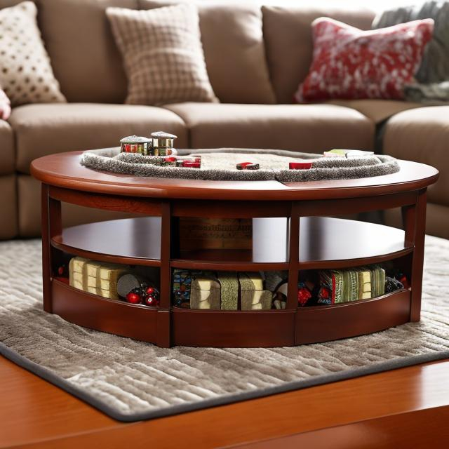 Prompt: A coffee table, cribbage board, cup of hot chocolate, cards layer out, detailed, snow outside, realistic 