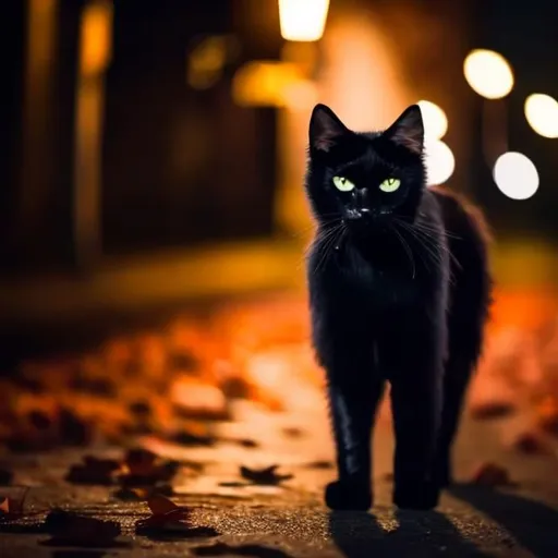 Prompt: A black cat wandering the streets on Halloween