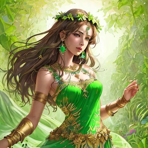 Prompt: High-resolution hyper realistic painting of {a greek godess of plants and earth } , epic scene, flower crown, upper body, sharp edges, green flowing dress, brown hair with light green highlights, brown eyes, gold jewelry 