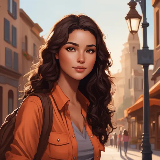 Prompt: A beautiful woman, dark brown hair with brown highlights, hazel eyes, curly hair, carmel skin, orange shirt, teenage girl, cartoon style, sharp jawline