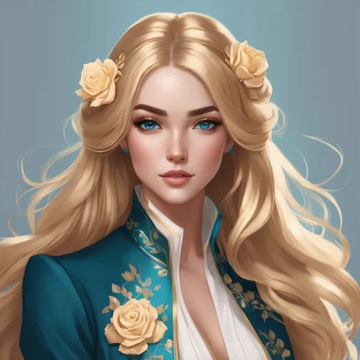 Prompt: A beautiful woman, honey blonde hair with blonde highlights, blue eyes, pastel blue  and teal roses in her hair, blue tail coat with gold accents, cartoon style
