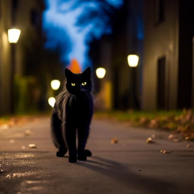 Prompt: A black cat wandering the streets on Halloween