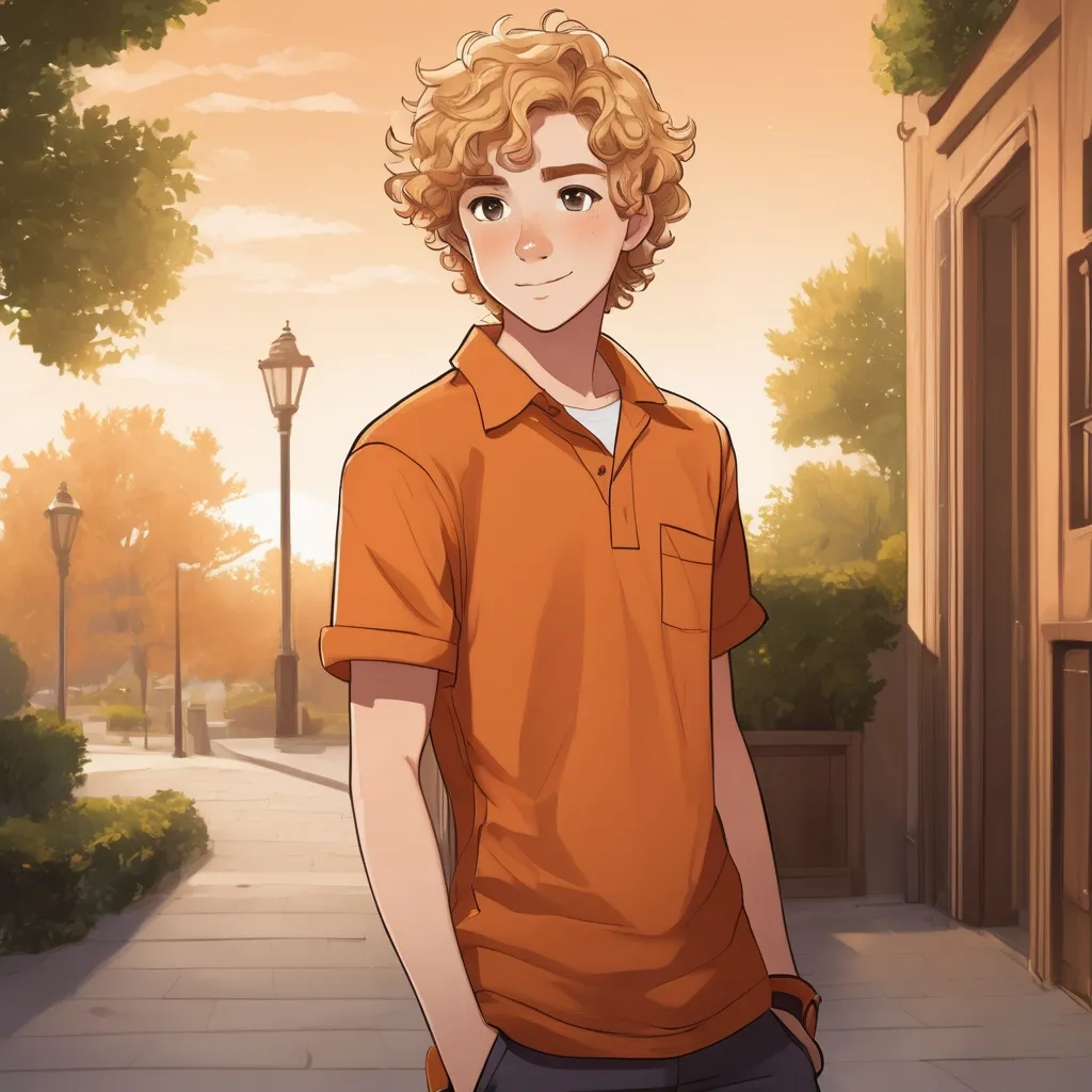 A teenage boy, curly blonde hair, brown highlights,...