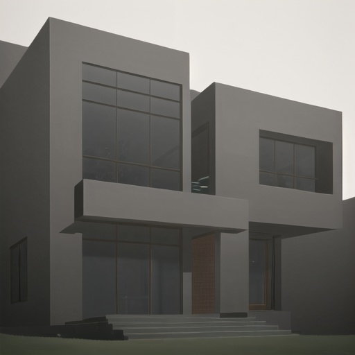 Prompt: modern home facade, minimalist and elegant architecture, walls with brick and alucobond elements, sober colored finishes in earth tones, large windows, indirect light on the facade with soft lighting