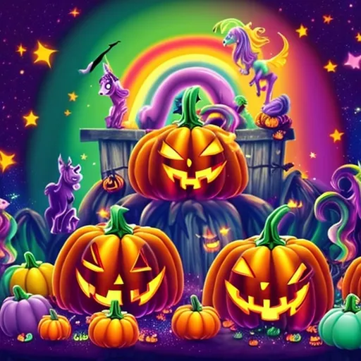 Prompt: Lisa Frank style Halloween diorama, vibrant rainbow colors, adorable spooky characters, glittery pumpkins, cute ghosts, magical unicorns, candy-filled cauldron, sparkly stars, high quality, vibrant, cute, Halloween, rainbow colors, magical, adorable characters, glittery, sparkling, diorama, festive, fun