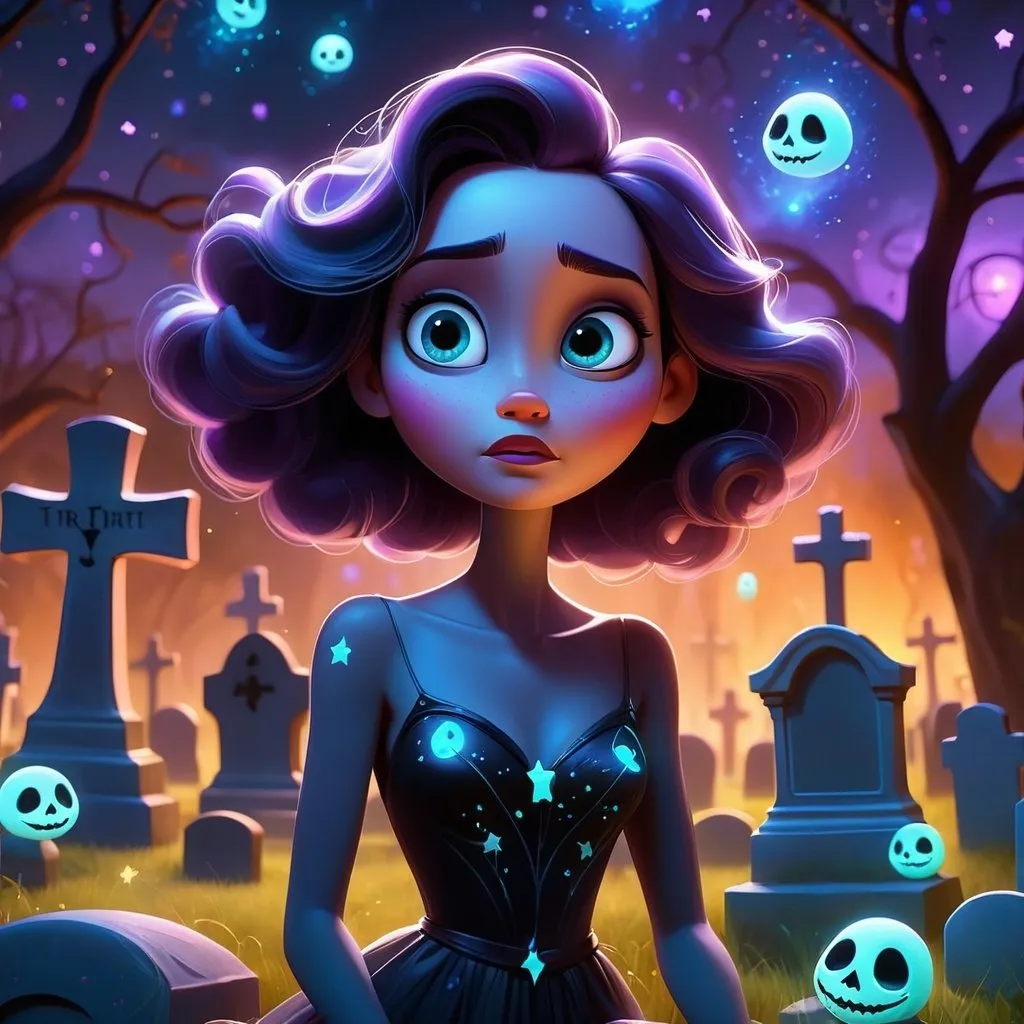 Prompt: Cute Pixar style painting, an adorable spirit woman, graveyard, midnight, translucent skin,  floating, nebula, galaxy, stars, fireflies, glowing eyes, glowing, Graves, cemetery, soft light, 4k, beautiful , gravestones, crypt, dead trees, hill