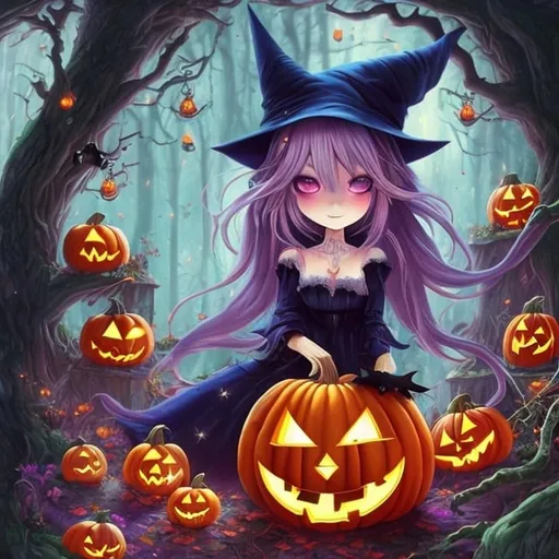 Prompt: Anime depiction of a Halloween pumpkin in a enchanting fairytale forest, surrounded by tricolour cats and black cats, alongside an anime witch, high quality, detailed anime style, enchanting forest setting, vibrant color tones, whimsical lighting, detailed facial features, witch with elaborate attire, magical atmosphere, Halloween, fantasy, detailed pumpkin, tricolour cats, black cats, anime, witch, enchanting, whimsical, vibrant, magical, detailed, high quality