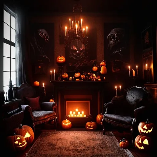 Prompt: Halloween-themed living room, spooky decor, dimly lit, haunted atmosphere, eerie jack-o-lanterns, creepy antique furniture, vintage candle holders, ghostly apparitions, high quality, realistic, dark tones, gothic style, flickering candlelight, sinister shadows, detailed textures, traditional Halloween colors