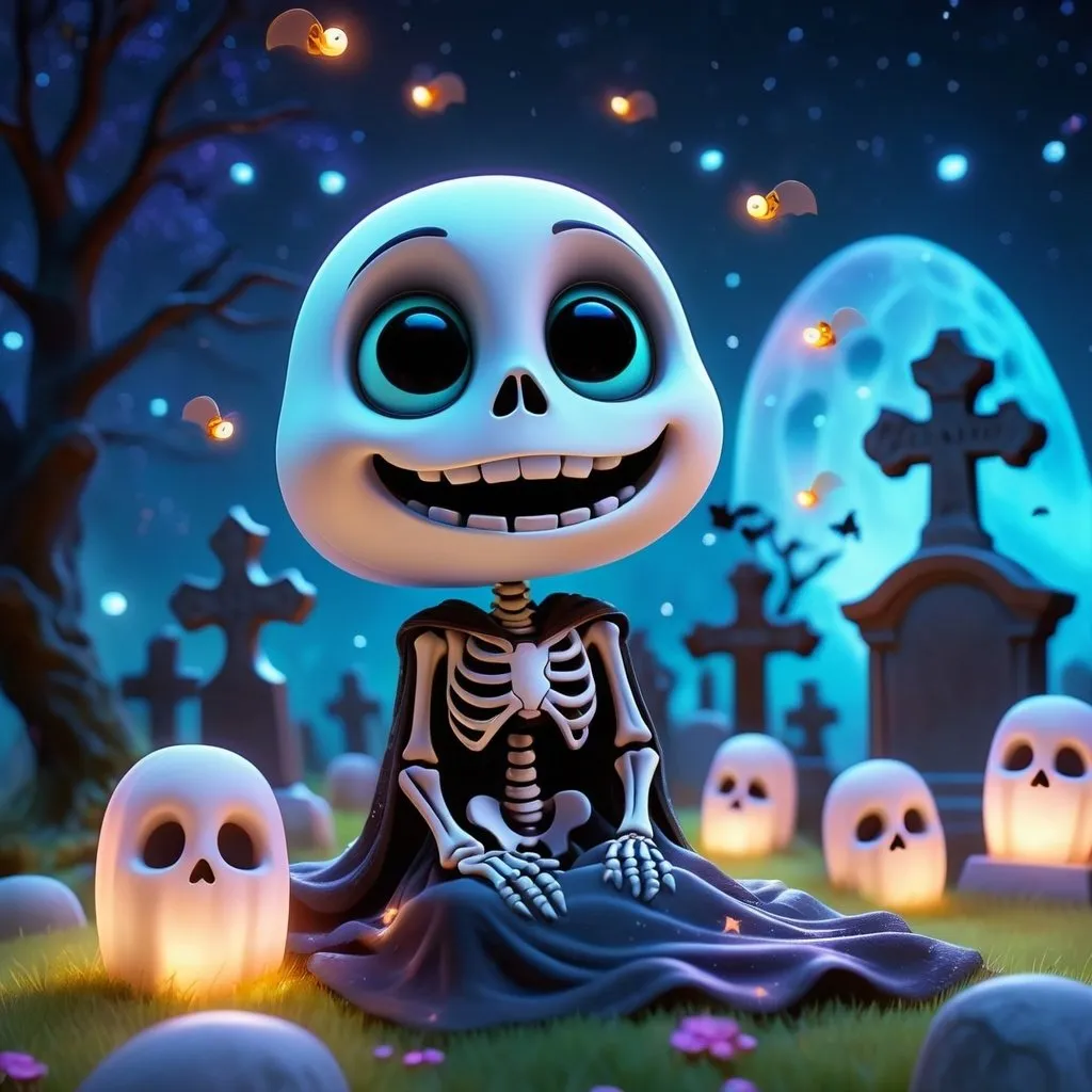 Adorable ghost in cute Pixar style, graveyard, midni...