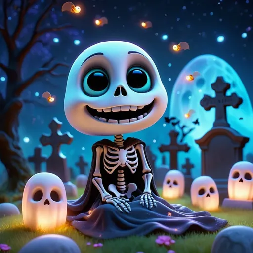 Prompt: Adorable ghost in cute Pixar style, graveyard, midnight, floating with translucent skin, nebula and galaxy in the background, glowing eyes and fireflies, soft lighting, 4k, beautiful, gravestones and crypts, skeleton, dead trees on hill, cemetery, glowing graves, floating translucent cute ghost, Pixar style, adorable, midnight setting, nebula and galaxy, fireflies, soft lighting, beautiful 4k, gravestones, crypt, skeleton, dead trees