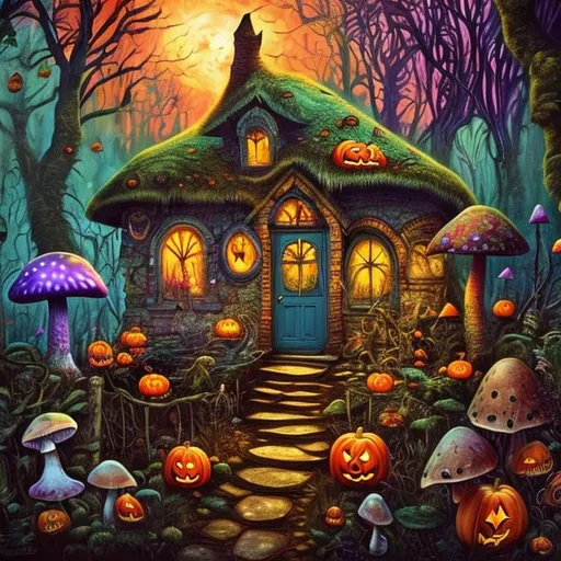 Prompt: Psychedelic mushroom trip in a small woodland cottage, halloween theme, vibrant colors, fantasy, whimsical, magical, detailed textures, highres, surreal, vibrant, cottage in the woods, mushrooms, Halloween, fantasy, whimsical, magical, detailed textures, vibrant colors, surreal, highres