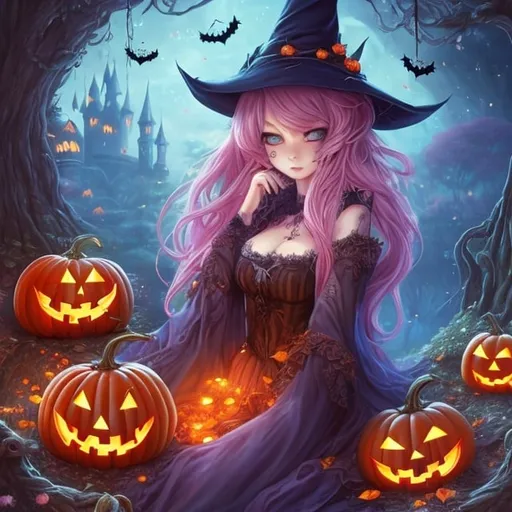 Prompt: Anime depiction of a Halloween pumpkin in a enchanting fairytale forest, surrounded by tricolour cats and black cats, alongside an anime witch, high quality, detailed anime style, enchanting forest setting, vibrant color tones, whimsical lighting, detailed facial features, witch with elaborate attire, magical atmosphere, Halloween, fantasy, detailed pumpkin, tricolour cats, black cats, anime, witch, enchanting, whimsical, vibrant, magical, detailed, high quality