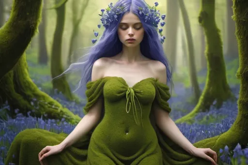 Prompt: "beautiful maiden with a dress of bluebells growing from her body, green plants, moss, surreal, detailed"