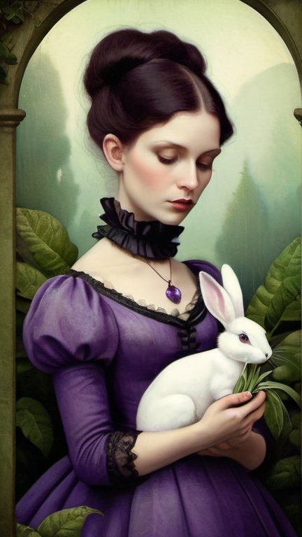 Prompt: "beautiful victorian woman holding a white rabbit in a purple dress surrounded by green plants, moss, detailed, christian schloe"