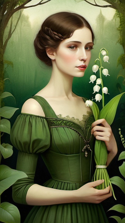 Prompt: "beautiful victorian woman holding lily of the valley in a green dress surrounded by green plants, moss, detailed, christian schloe"