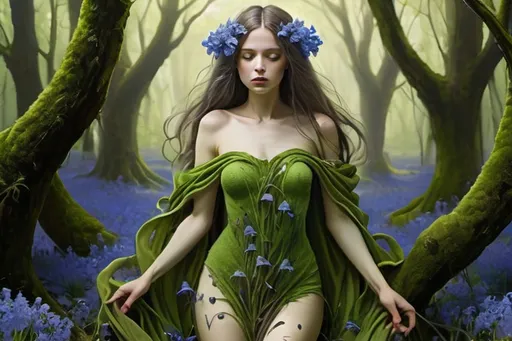 Prompt: "beautiful maiden with a dress of bluebells growing from her body, green plants, moss, surreal, detailed"