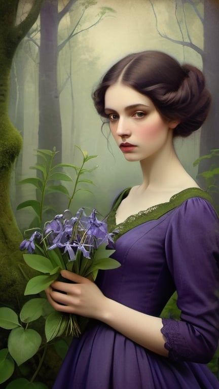 Prompt: "beautiful victorian woman holding bluebells in a purple dress surrounded by green plants, moss, detailed, christian schloe"