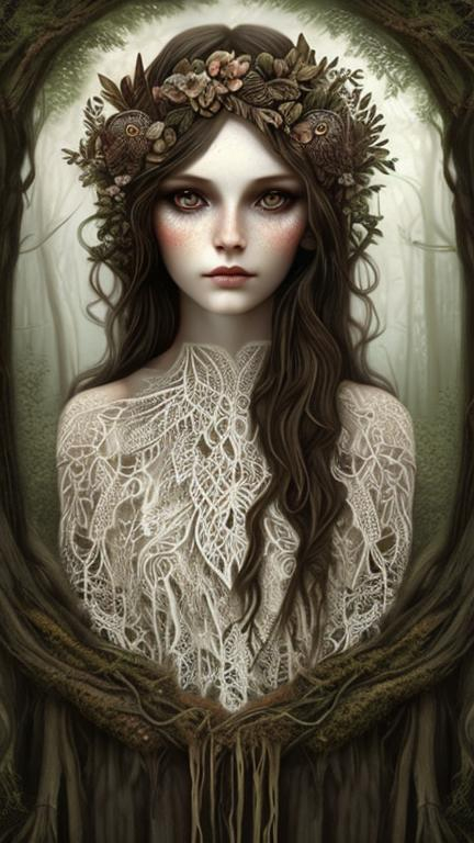 Prompt: "FOREST nymph, dark brown hair, cream white leaves, lace dress, owl on shoulder, detailed, intricate, dark, christian schloe,"