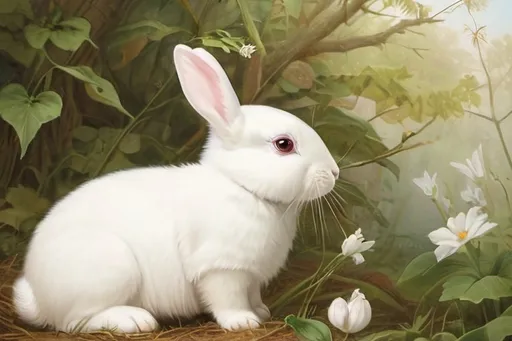 Prompt:  "white bunny rabbits, forest, leaves, detailed, intricate, William Morris"