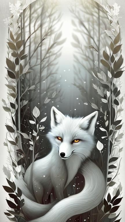 Prompt: "forest white fox, black leaves, on white background, surreal, detailed, christian schloe"