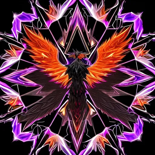 Prompt: flaming dark crystal logo, vibrant, black background, minimalist, partially see through. with outline. black crystal in the center with vibrant flames spewing out from the bottom, partially see through digital art. geometric crystal, flaming wings, black, purple, orange, red, white, crystal in the center, flames flying out