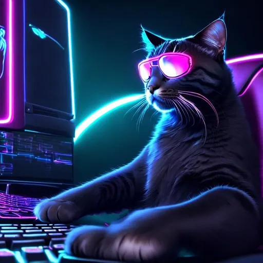 Prompt: cute majestic cat sitting in a gaming chair playing a video game with keyboard and monitors using it's cat paws from a point of view where you can't see what he's playing, neon lights, synthwave style futuristic googles gamer, very cool detailed, realistic smooth lighting,  dark background, focus on cat.