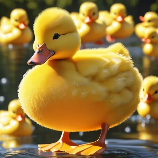 Prompt: Big fluffy yellow duck, photorealism, 3D rendering, cartoonish proportions, detailed feathers, realistic water droplets, bright and sunny lighting, high quality, photorealistic, 3D, fluffy texture, cartoonish, detailed feathers, bright lighting, realistic water, professional rendering