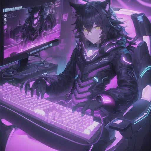 Prompt: Majestic cat with a cloack and tentacles comming out of sleeves grabbing on to a gaming mouce the cat is sitting in a gaming chair playing a video game with keyboard and monitors from a point of view where you can't see what he's playing, neon lights, synthwave style futuristic googles gamer, very cool detailed, realistic smooth lighting,  dark background, focus on cat.