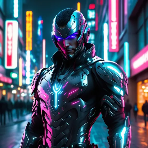 Prompt: UHD, , 8k, high quality, neon lighting, cyberpunk, hyper realism, Very detailed,  clear visible face, male futuristic assassin, he is wearing a armor plated suit, he is standing in a city street