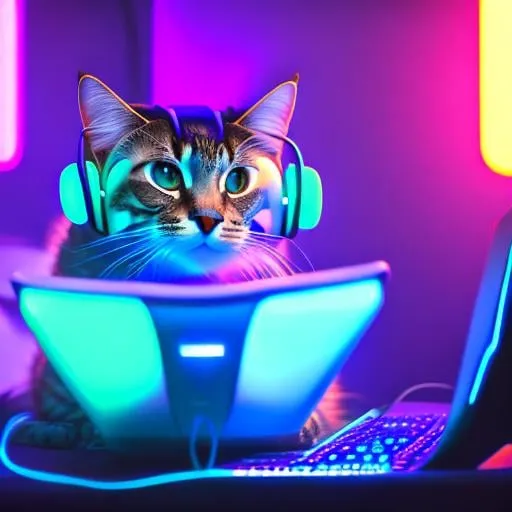 Prompt: cool digital art of a cute majestic cat sitting in a gaming chair playing a video game with keyboard and monitors using it's cat paws from a point of view where you can't see what he's playing, neon lights, wearing gaming headphones synthwave style futuristic goggles gamer, very cool detailed, realistic smooth lighting,  dark background, focus on cat. looking at monitor, futuristic goggle visors, black background with lights in a futuristic room, side view, realistic, sharp lines