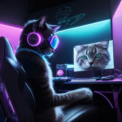 Prompt: cool digital art of a cute majestic cat sitting in a gaming chair playing a video game with keyboard and monitors using it's cat paws from a point of view where you can't see what he's playing, neon lights, wearing gaming headphones synthwave style futuristic goggles gamer, very cool detailed, realistic smooth lighting,  dark background, focus on cat. looking at monitor, futuristic goggle visors, black background with lights in a futuristic room, side view, realistic, sharp lines, chubby cat legs