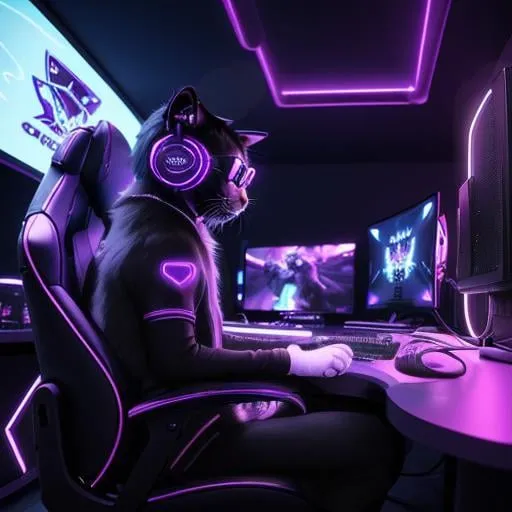 Prompt: cool digital art of a cute majestic cat with a cats body paw on mouse sitting in a gaming chair playing an open world video game on a high end monitor with keyboard and monitors using it's cat paws from a point of view where you can't see what he's playing, neon lights, wearing gaming headphones synthwave style futuristic googles gamer, very cool detailed, realistic smooth lighting,  dark background, focus on cat. looking at monitor, futuristic goggle visors, black background with lights in a futuristic room, small pink nose
