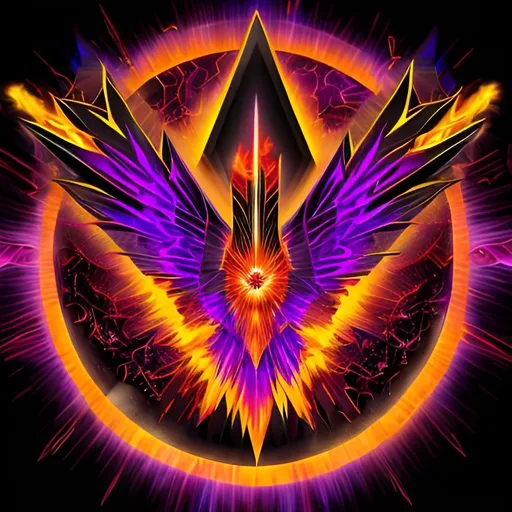 Prompt: flaming dark crystal logo, vibrant, black background, minimalist, partially see through. with outline. black crystal in the center with vibrant flames spewing out from the bottom, partially see through digital art. geometric crystal, flaming wing like shaped, black, purple, orange, red, white, crystal in the center, flames flying out.minimalistic simple