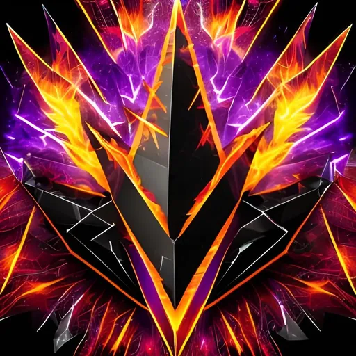 Prompt: flaming dark crystal logo, vibrant, black background, minimalist, partially see through. with outline. black crystal in the center with vibrant flames spewing out from the bottom, partially see through digital art. geometric crystal, flaming wing like shaped, black, purple, orange, red, white, crystal in the center, flames flying out.minimalistic simple, lightning