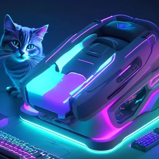 Prompt: cool digital art of a cute majestic cat sitting in a gaming chair playing a video game with keyboard and monitors using it's cat paws from a point of view where you can't see what he's playing, neon lights, wearing gaming headphones synthwave style futuristic goggles gamer, very cool detailed, realistic smooth lighting,  dark background, focus on cat. looking at monitor, futuristic goggle visors, black background with lights in a futuristic room, side view, realistic, sharp lines