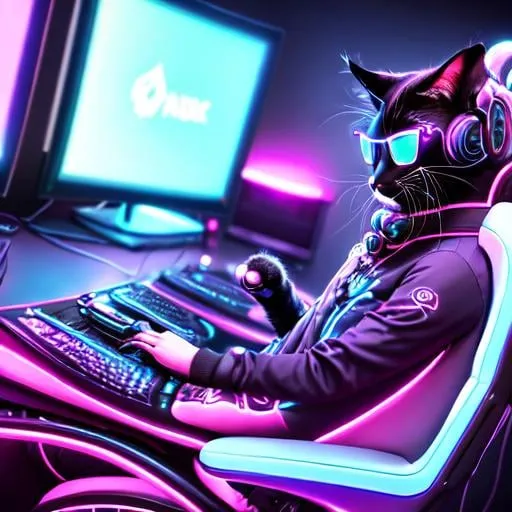 Prompt: Majestic cat with a cloack and tentacles comming out of sleeves grabbing on to a gaming mouce the cat is sitting in a gaming chair playing a video game with keyboard and monitors from a point of view where you can't see what he's playing, neon lights, synthwave style futuristic googles gamer, very cool detailed, realistic smooth lighting,  dark background, focus on cat.