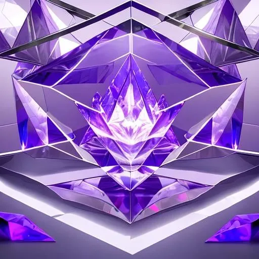 Prompt: Abstract 3D composition of cones, spheres and cylinders made up of glass and steel, immersive, creative, white background, studio lighting, HD Quality, phoenix flames purple see through crystal, digital art anime girl inside, lightning, geometric shapes