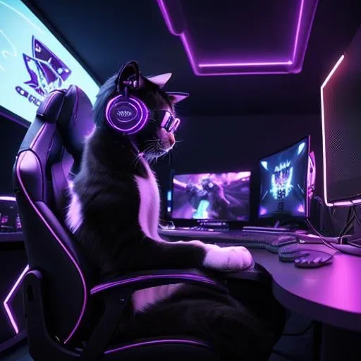 Prompt: cool digital art of a cute majestic cat with a cats body paw on mouse sitting in a gaming chair playing an open world video game on a high end monitor with keyboard and monitors using it's cat paws from a point of view where you can't see what he's playing, neon lights, wearing gaming headphones synthwave style futuristic googles gamer, very cool detailed, realistic smooth lighting,  dark background, focus on cat. looking at monitor, futuristic goggle visors, black background with lights in a futuristic room, small pink nose