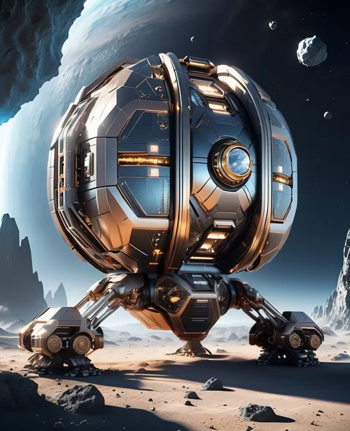 Prompt: Futuristic asteroid mining rig, metallic sheen, large machinery on an asteroid, intricate mechanical details, space setting, asteroid rock, futuristic sci-fi, high-tech, complex design, cool-toned, atmospheric lighting, 4k resolution, space exploration, highres, detailed, professional, industrial sci-fi, cutting-edge technology, asteroid mining, space machinery, futuristic, metallic textures, cool future, intricate machinery